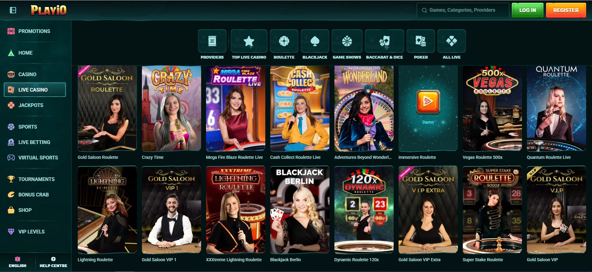 Casino-Website mit einer Vielzahl an Live-Casino-Spielen, darunter Gold Saloon Roulette, Crazy Time und Mega Fire Blaze Roulette Live. Die übersichtliche Navigation bietet Kategorien wie Casino, Live Casino, Jackpots und Sportwetten. Perfekt für Spieler, die ein Casino mit schneller Auszahlung suchen.