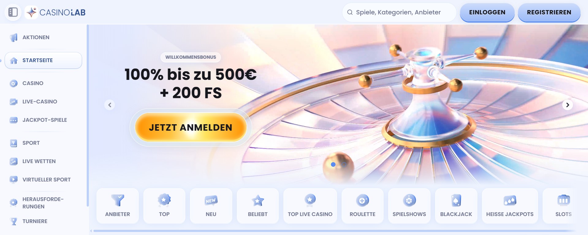 Online Casino Deutschland-Webseite präsentiert einen großzügigen Willkommensbonus von 100% bis zu 500€ sowie 200 Freispiele. Ein auffälliger gelber Button mit „JETZT ANMELDEN“ lädt zur Registrierung ein. Links befindet sich eine gut strukturierte Navigationsleiste mit Kategorien wie Aktionen, Casino, Live-Casino, Jackpot-Spiele und Sportwetten. Zusätzliche Optionen wie Anbieter, Neu, Beliebt, Top Live Casino, Roulette, Spielshows, Blackjack, Heiße Jackpots und Slots sind ebenfalls sichtbar. Die oberen rechten Buttons ermöglichen ein schnelles Einloggen oder Registrieren.